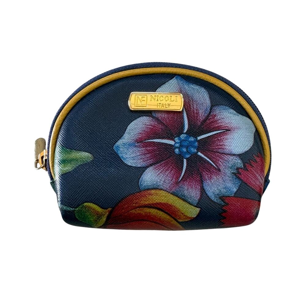 Nicoli Floral Navy Leather Cosmetic Pouch/coin purse